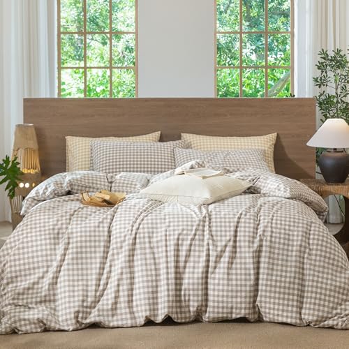 100% Washed Cotton Gingham Duvet Cover Set - Soft Linen-Like Bedding