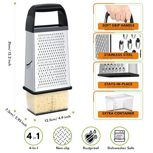 4-Side Stainless Steel Box Cheese Grater with Storage Container & Slicer