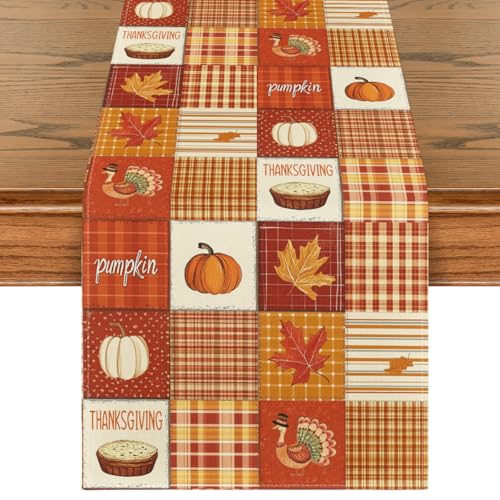 Artoid Mode 13x60 Inch Buffalo Plaid Pumpkins Thanksgiving Table Runner - Orange Fall Decor