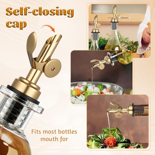 Xelsluthe Gold Stainless Steel Oil & Liquor Bottle Pourer Set - Self-Closing, Weighted