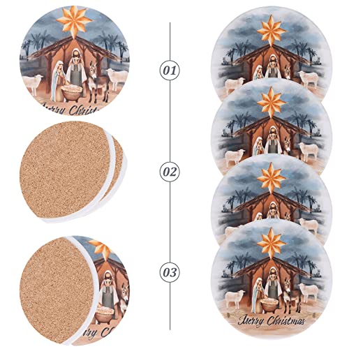 Christmas Ceramic Coasters Set of 4 with Nativity Scene & Merry Christmas Design
