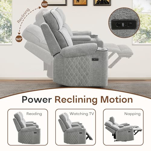 Power Reclining Loveseat Sofa with USB Charging, Cup Holders & Storage, Grey