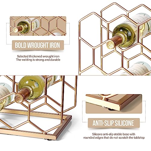 14-Bottle Geometric Metal Wine Rack - Freestanding Gold Countertop Holder