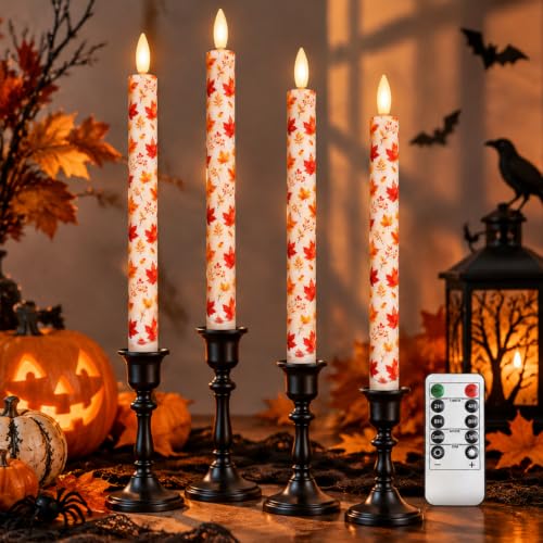 Gedengni Maple Leaf Flameless Taper Candles with Remote - 4 Pack, 10 Inch LED Fall & Holiday Decor, Model T-FC-UP4TMB-LEAF