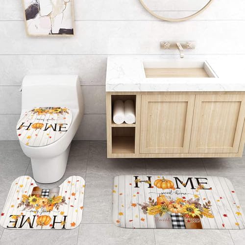 Fall Shower Curtain Set with Rugs - Autumn Pumpkin Maple Leaves Decor