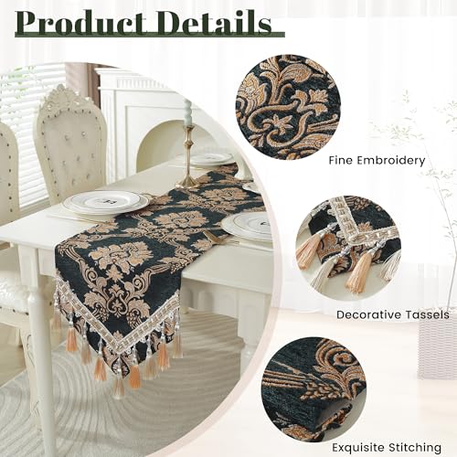 Dark Green Floral Jacquard Table Runner with Multi-Tassels - Elegant Home Decor
