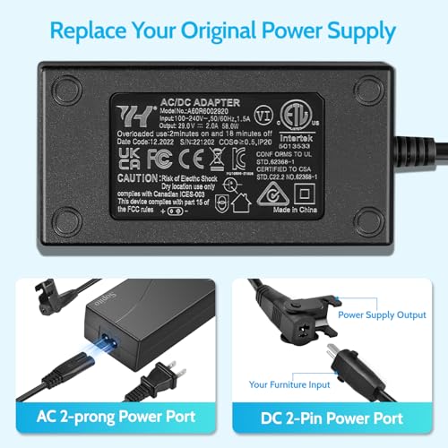 29V 2A Recliner Power Supply Adapter, 2-Pin Electric Sofa Lift Chair Charger