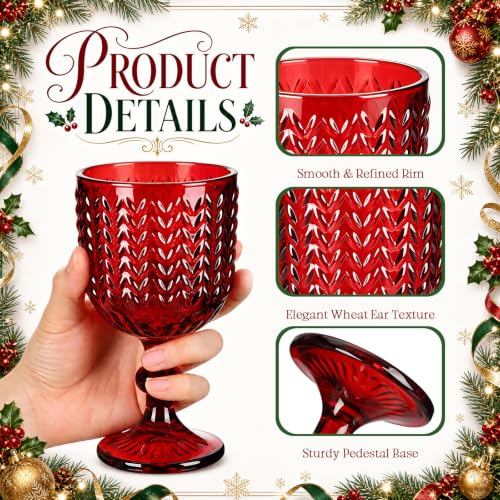 Ferrochef Christmas Red Wine Glasses, Set of 6 - 12 oz Embossed Goblets, Red Variation 6