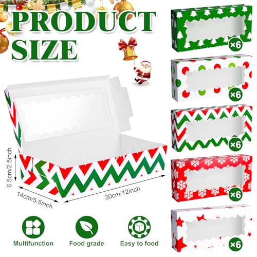 30 Pcs Christmas Cookie Gift Boxes with Window - 12 x 5.5 x 2.5 Inch Bakery Packaging