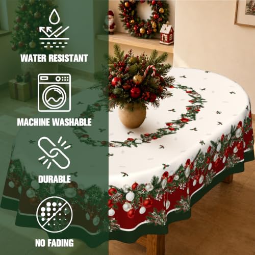 Christmas Tablecloth Oval 60x84 Inch - Xmas Ball Pattern Holiday Decor, Yrhsnclsdg