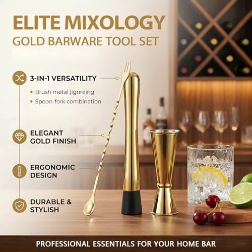 Gold Muddler & Cocktail Bar Set - 10 Inch Mixing Spoon & Double Jigger - Premium 3-Piece Bar Tools for Drinks, Variation: Gold