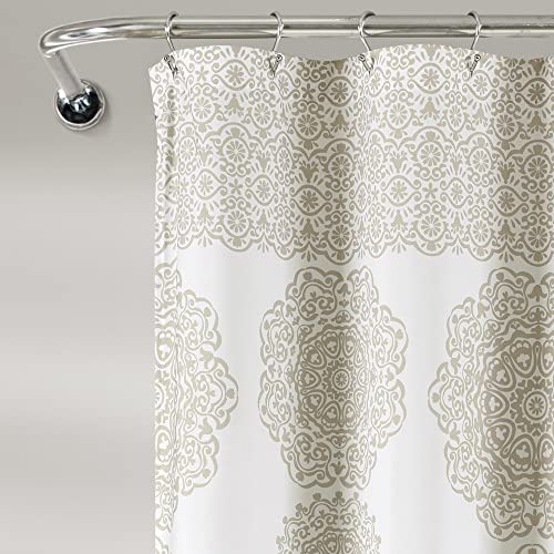 Lush Decor Stripe Medallion Shower Curtain-Fabric Mandala Bohemian Damask Print Design, 72" x 72", Neutral