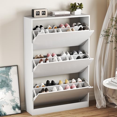 Freestanding Wood Shoe Cabinet with 3 Flip Drawers - White Entryway Storage