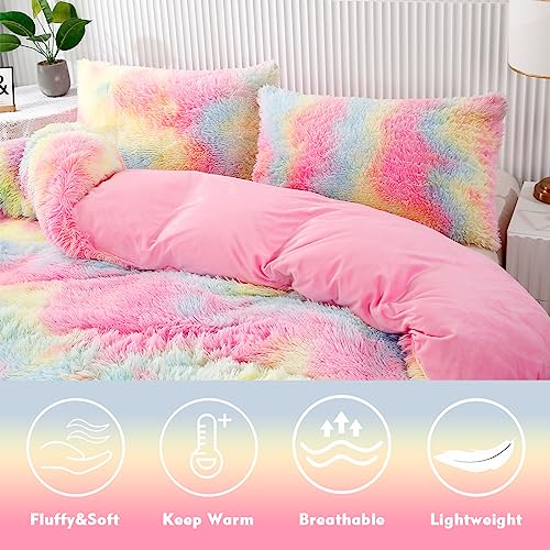 Rainbow Tie-Dye Faux Fur Twin Comforter Set, 3-Piece Fluffy Bedding