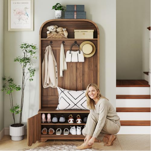Narrow Hall Tree with Storage Bench and Shoe Cabinet, Walnut Finish