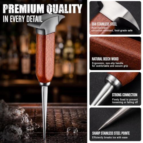 Lothee Long 2-Piece Ice Pick Set - Stainless Steel with Wooden Handle for Bar & Kitchen