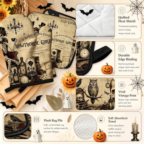 10-Piece Gothic Skull Kitchen Decor Set: Rugs, Towels, Mitts & Pot Holders