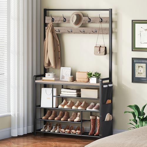 Industrial Hall Tree with Bench and Shoe Storage, 39-inch Entryway Coat Rack
