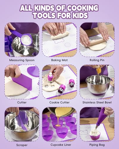 Kids Baking Set with Real Cooking Utensils and Measuring Tools Purple