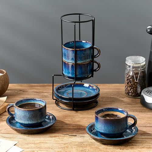 Midnight Tide Porcelain Stackable Espresso Cups & Saucers Set with Metal Stand, 7.4 oz Coffee & Tea Cups