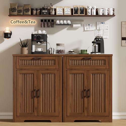 Fluted Farmhouse Sideboard Cabinet with Drawer and Adjustable Shelf, Walnut