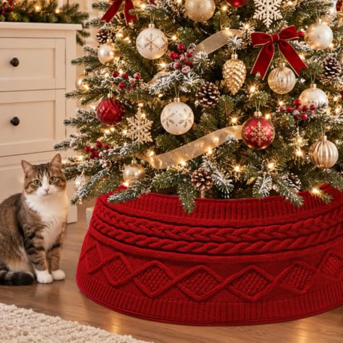 UXORSN 28 Inch Red Knitted Christmas Tree Collar Rustic Cable Knit Tree Skirt