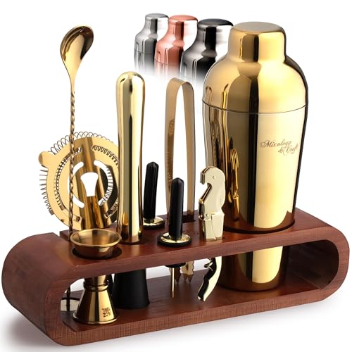 Mixology & Craft 10-Piece Cocktail Shaker Set with Bamboo Stand - Gold Bar Tool Kit