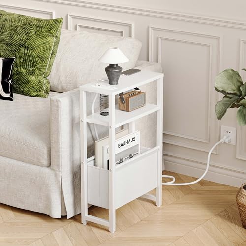 Narrow Side Table with Charging Station & Magazine Rack - 3-Tier Slim End Table