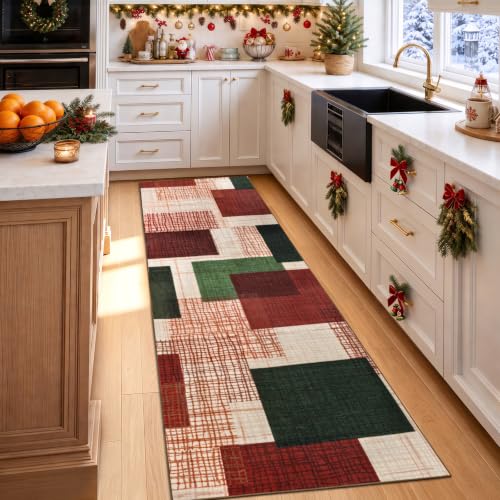 Ailyei Red-Green 2' x 6' Washable Christmas Runner Rug - Hallway & Kitchen