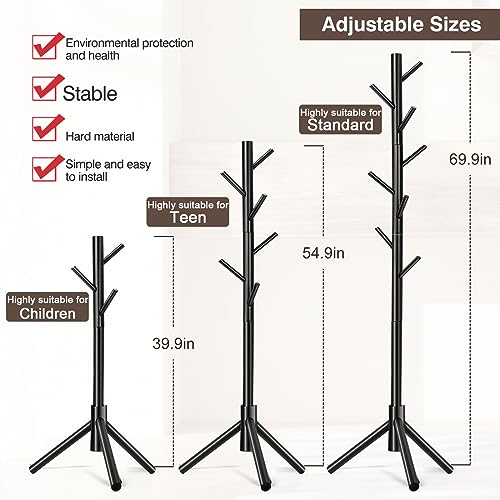 Freestanding Wooden Coat Rack Tree with 8 Hooks & Adjustable Height