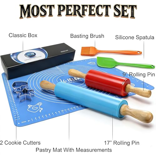 15 Inch Non-Stick Rolling Pin Set with Mat, Spatula & Brushes – Large & Small Dough Rollers with 2 Stainless Steel Cookie Cutters (IELEK)