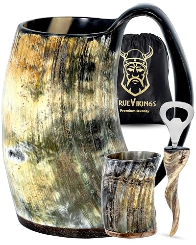 Handcrafted 16 oz Ox Horn Drinking Mug with Shot Glass and Bottle Opener