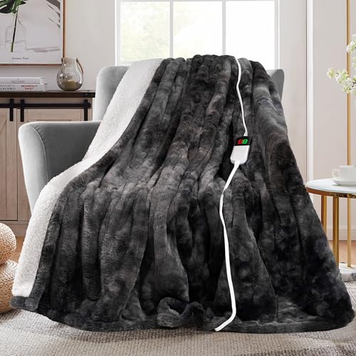 Electric Heated Throw Blanket - Faux Rabbit Fur, 8 Heating Levels, Grey