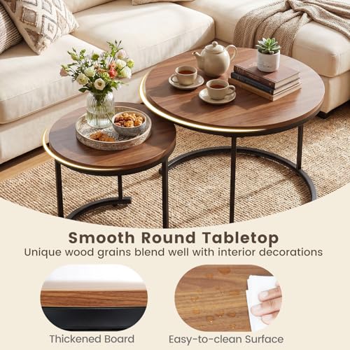 Nesting Coffee Table Set of 2, Round Wooden Stacking End Tables