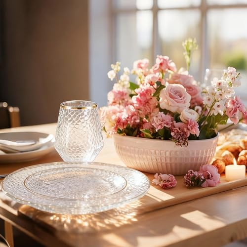 Havawish 72-Piece Clear Hammered Plates & Diamond Cups Set for 24