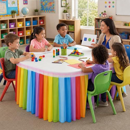 Rainbow Table Skirt for Teacher Desk - 14ft Wrinkle-Resistant Classroom Decor
