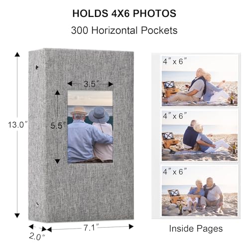300-Pocket 4x6 Photo Album with Linen Hardcover and Display Window, Grey