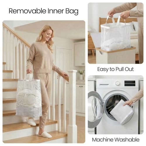 Slim Laundry Basket with Lid, 75L Narrow Hamper with Removable Bag