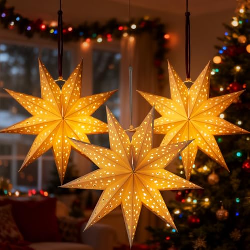 OSALADI 3-Pack 9-Point Star Paper Lanterns Hanging Lampshades 13.78in