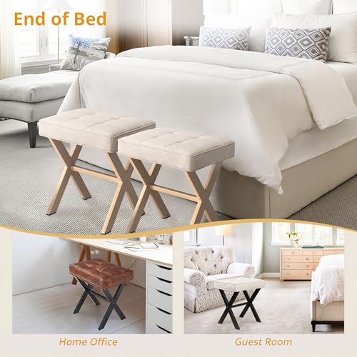 Square Vanity Stool with Metal X Legs and Padded Tufted Seat