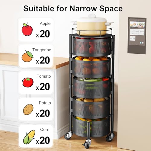 5-Tier Rotating Kitchen Storage Cart, Rolling Metal Wire Fruit Basket Stand