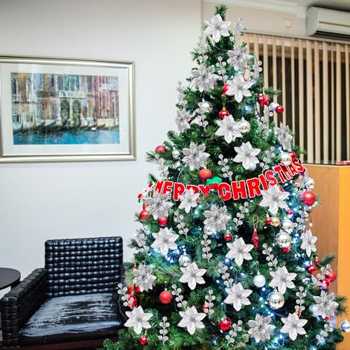 Sggvecsy Silver Christmas Glitter Poinsettia Flowers & Berry Picks, Artificial Holiday Decoration Set