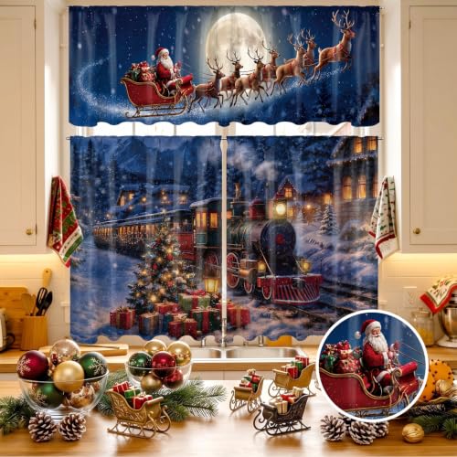 Breling Night View Christmas Kitchen Curtains Set – Santa Sleigh Reindeer Snowy Night Valance & 2 Tier Panels