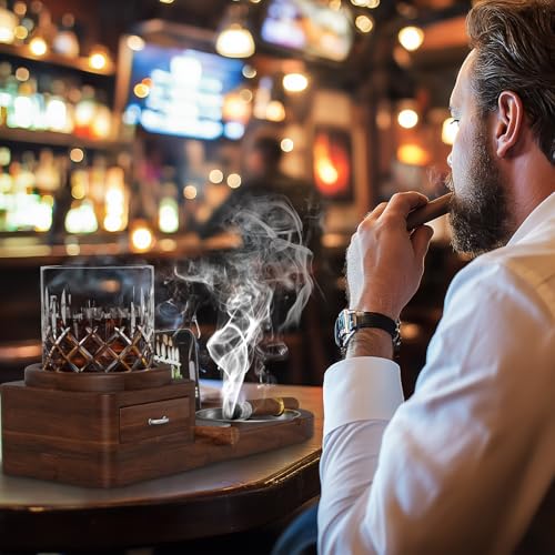 Acacia Wood Cigar Ashtray and Whiskey Glass Tray with Storage Drawer
