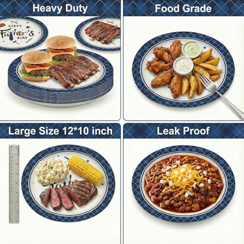 Father's Day Paper Plates and Napkins Set - Blue Plaid Theme, 50 pcs