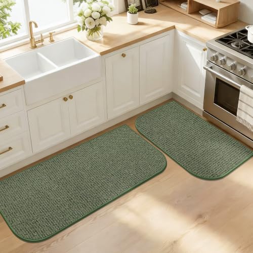 Half Moon Kitchen Rug Set, 2-Piece Non-Slip Washable Sink Mat, Green
