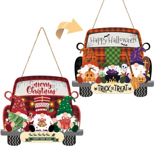 SENMAY Halloween Gnome Door Sign - Double-Sided Front Door Decor (Orange/Red)