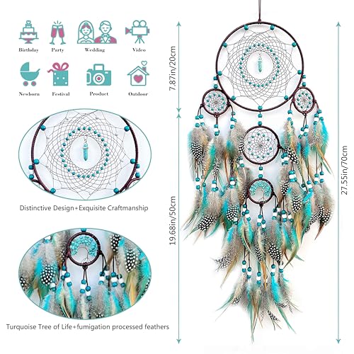 Large Boho Dream Catcher Wall Hanging, Handmade Turquoise Feather Decor