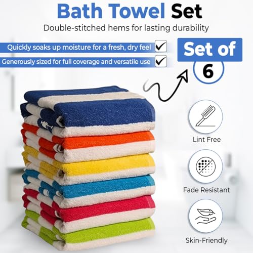 100% Cotton Cabana Stripe Beach Towels, Large Absorbent Pool Towels - 6 Pack