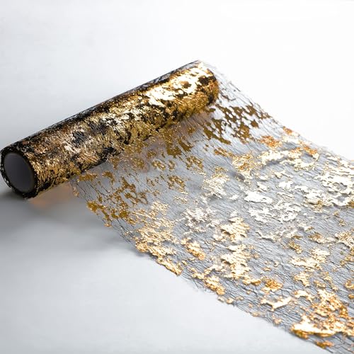 Snowkingdom Black and Gold Glitter Table Runner - 100FT Gold Foil Mesh Decor